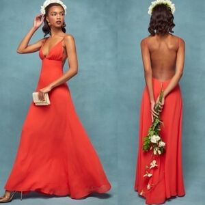 Reformation Modena Backless Maxi Vibrant Red Orange Dress Wedding V Neck Strappy